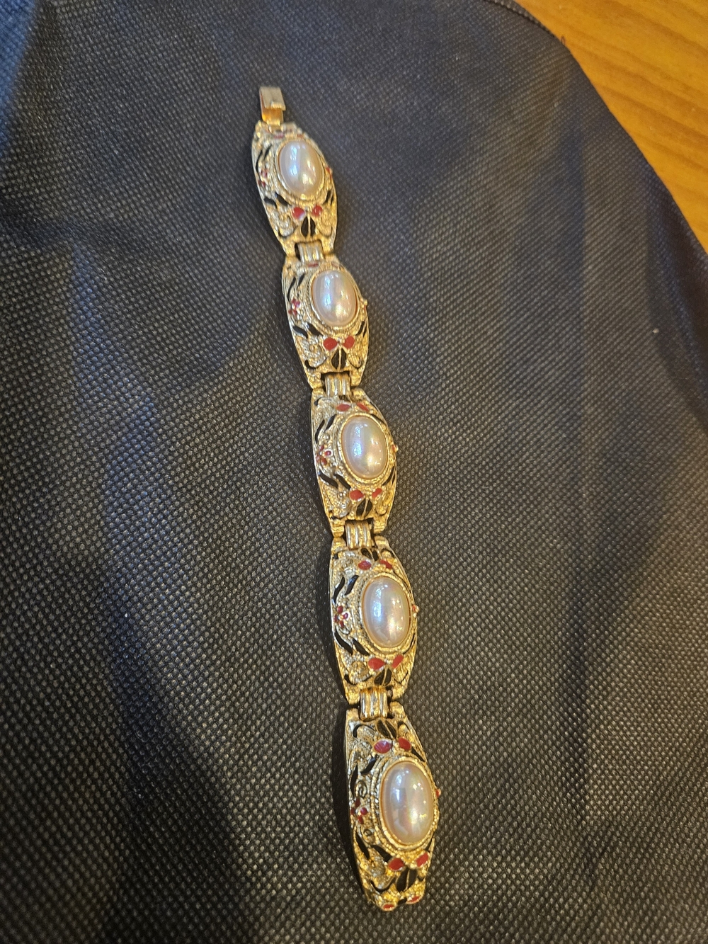 Gold-Tone Bracelet with Pearl Cabochons and Red Enamel Accents
